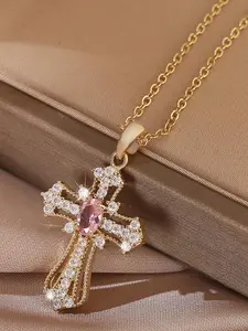 Cross Pendant Necklace for Women, Rhinestone Decor Necklace for Party, Daily Clothing Decor, Trendy All-match & Exquisite Jewelry for Birthday Gift, Cross Charm Necklace