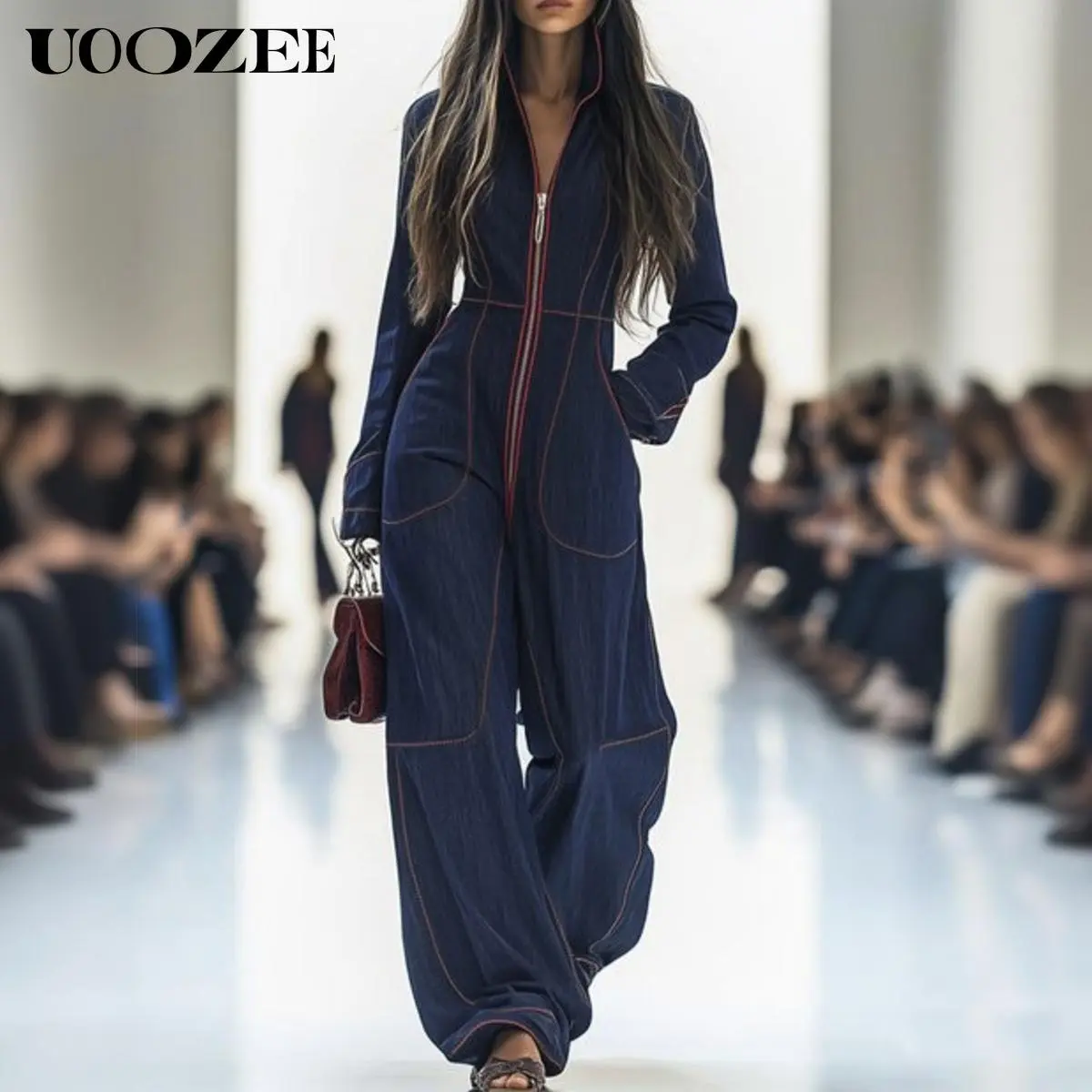 UOOZEE Women's Light Coveralls, Jacket-Style Mock Neck Jumpsuit with Wide Leg Pants & Contrast Stitching in Stretch Rayon, Long Sleeve, Cap, Strappy, Colorblock, Wide Legs, Spandex, Minimalist, Fabric, Pockets, Coverall Suit, Elastane