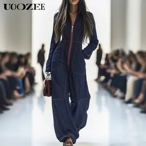 UOOZEE Women's 2026 New Spring Autumn Deep Blue Denim Pockets Jumpsuit Red Contrast Stitching Zippered Wide Leg One-piece Suit Loose Fit Casual Coveralls, Ideal for Spring Brunch, Fall Urban Outings & Smart-Casual Events