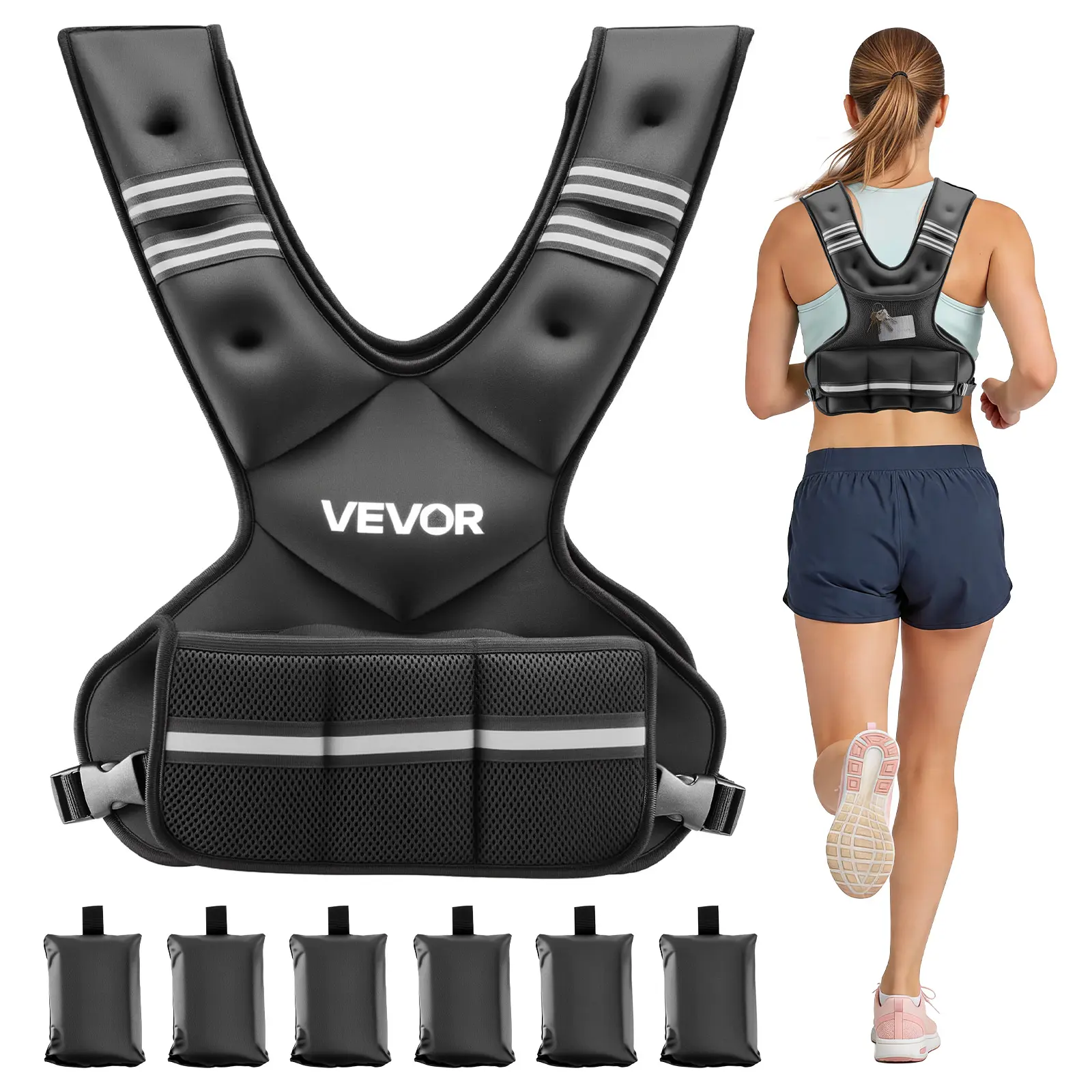 VEVOR Adjustable Weighted Vest, 20-32 lbs Comfortable X-Shape Body Weight Vest Set with 6 Weight Packs & Reflective Stripe, for Men & Women, Strength Training Workout Equipment#BacktoSchool