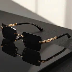 Unisex Luxury Frameless Black and Gold Sunglasses with Leopard Trim - UV400 Protection - Long and Narrow Rectangle Lens Design - With Glasses Case and Cleaning Cloth - High-end Gifts for Men and Women - Suitable for Driving, Travel, Parties, etc