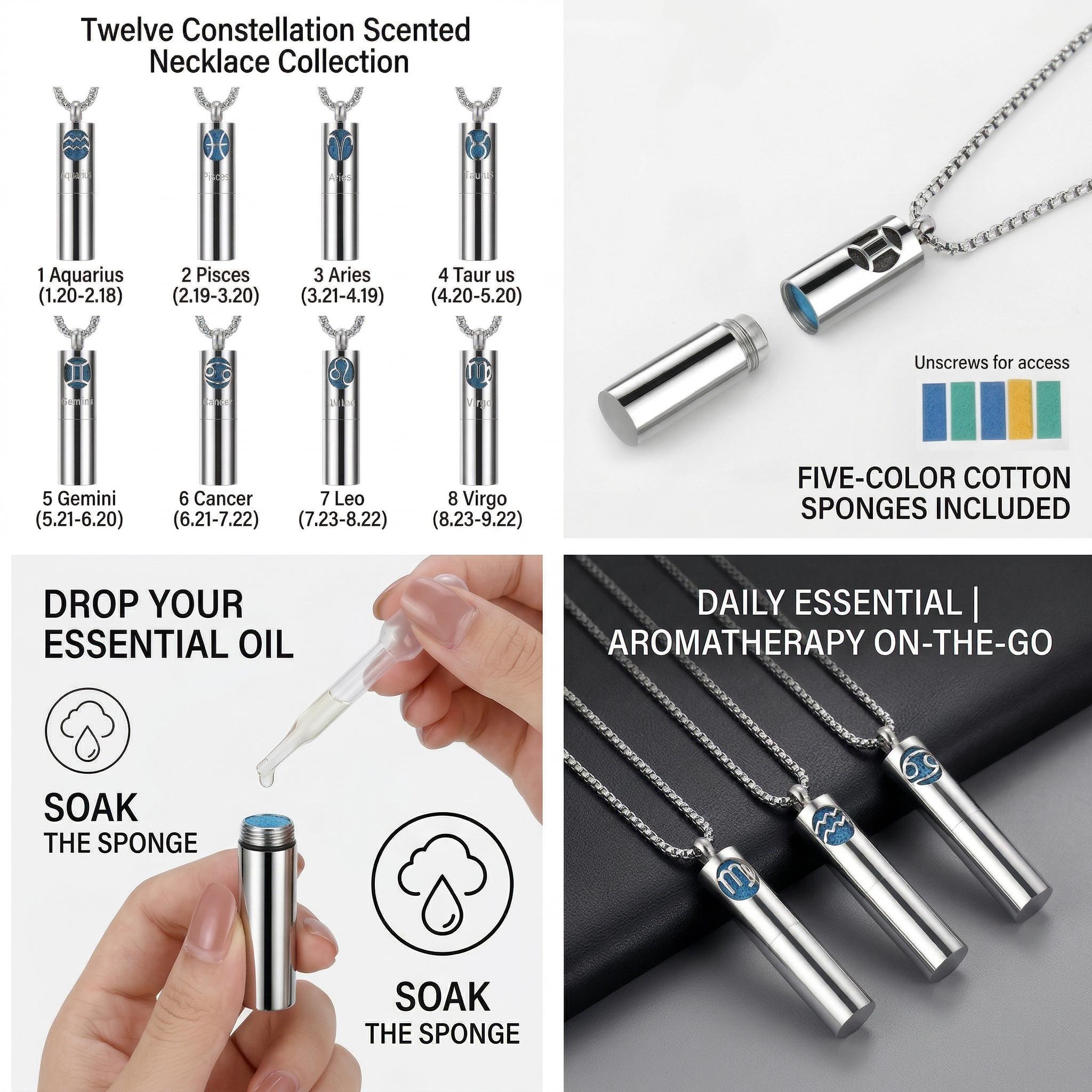Necklace with 12 Zodiac Signs for Men and Women Aromatherapy Essential Oil Diffuser Pendants Adjustable Waterproof Hypoallergenic Gifts for Astrology Enthusiasts