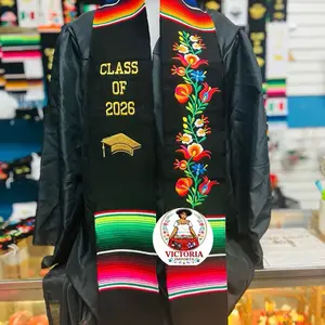 Mexican Graduation Stole Class of 2026 – Sarape Estola Bordada Flores Banderas México y USA árbol de la vida