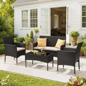 4 Pieces Patio Conversation Set, Outdoor PE Rattan Wicker Furniture Set, Patio Chairs with Coffee Table for Backyard, Porch, Garden