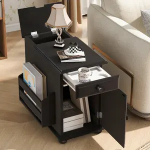 U-Can Vintage End Table Flip Top Side Table with USB Ports, One Multifunctional Drawer with cup holders, Sofa Couch Table with Bookshelf for Living room and Small Space    RR