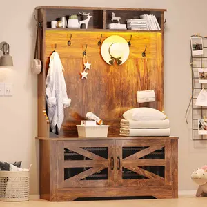 43.3 Inches Hall Tree with Bench and Shoe Storage Rustic Brown