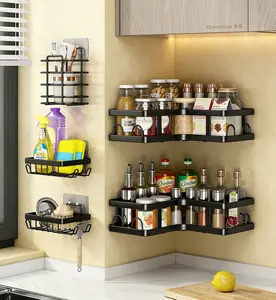 5-Piece Stick-On Wall Mounted Kitchen Shelves No Drilling Required, Rustproof Black Organizer Set with Towel Bar Hooks Corner Caddy, Minimalist No-Install Adhesive Storage Rack for Home Kitchen Bathroom Wall Decor & Space Saving Organization