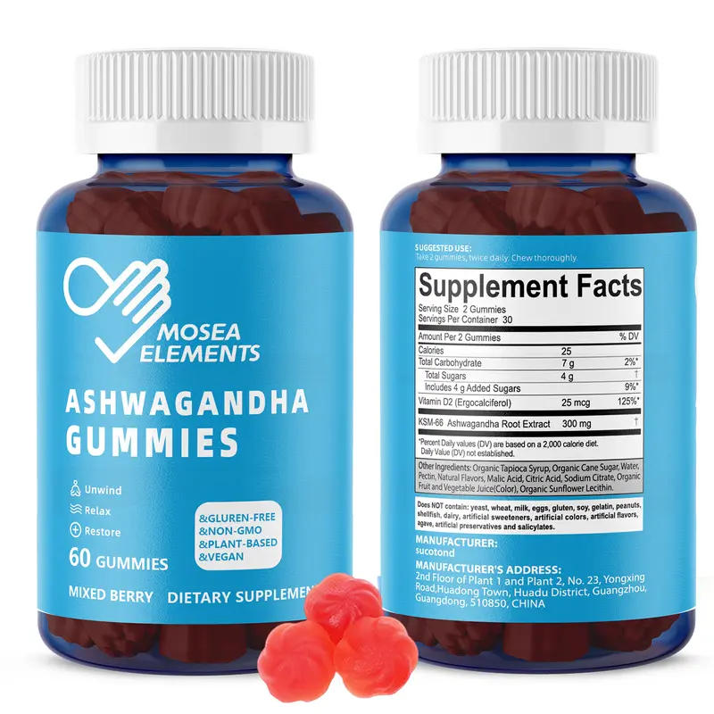 MOSEA ELEMENTS Vegan Ashwagandha Gummies - 60 Mixed Berry Tasty Form Anti-Stress Vitamins Supplements, Chewable Stress Relief Sleep Aid with Vitamin D2, Cider Vinegar, Natural Ingredients for Women