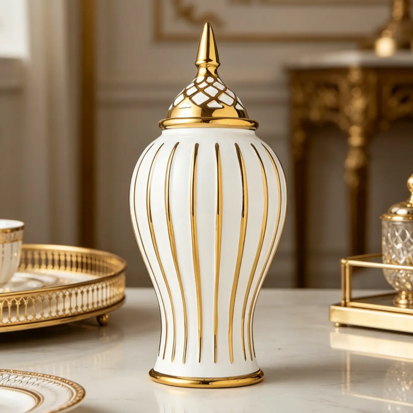 Luxurious Gold Ceramic Decorative Jar Lid, Elegant Home Vase Decoration, Table Decor, Stylish Ornament for Living Room, 1pc Luxury Accessory, Decorative Flower Vase, Flower Arrangement Vase