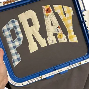 Pray Applique Crew Sweatshirt with Plaid and Floral Design for Comfortable Wear