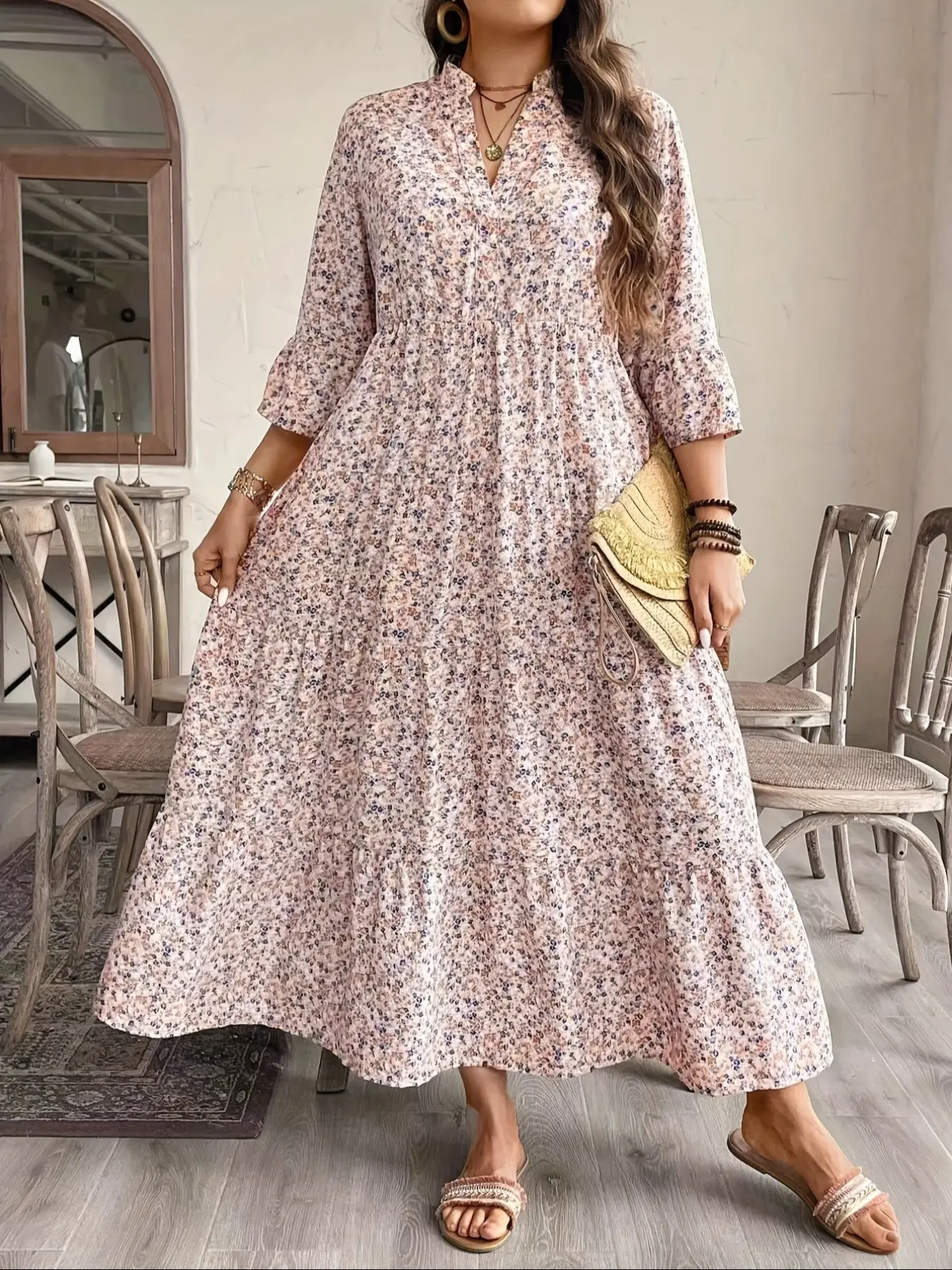 Women's Plus Size Fashion Casual Floral Printed Dress, Elegant Loose-Fitting Asymmetrical Midi Dress, Half Sleeve Woven Fabric, All Seasons Wear Womenswear Piece