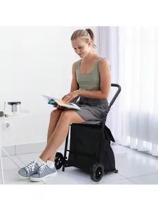 2 In 1 Foldable Shopping Cart, Grocery Cart With Seat, 2 Wheels Grocery Cart With 123 L Large Capacity Waterproof Bag, Portable Trolley Dolly Utility Cart, Black, 132 LBS Load Capacity