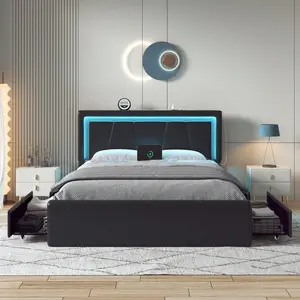 Upholstered Bed Frame With 4 Large Drawers,RGB LED Lights, Adjustable Headboard, Easy To Assemble