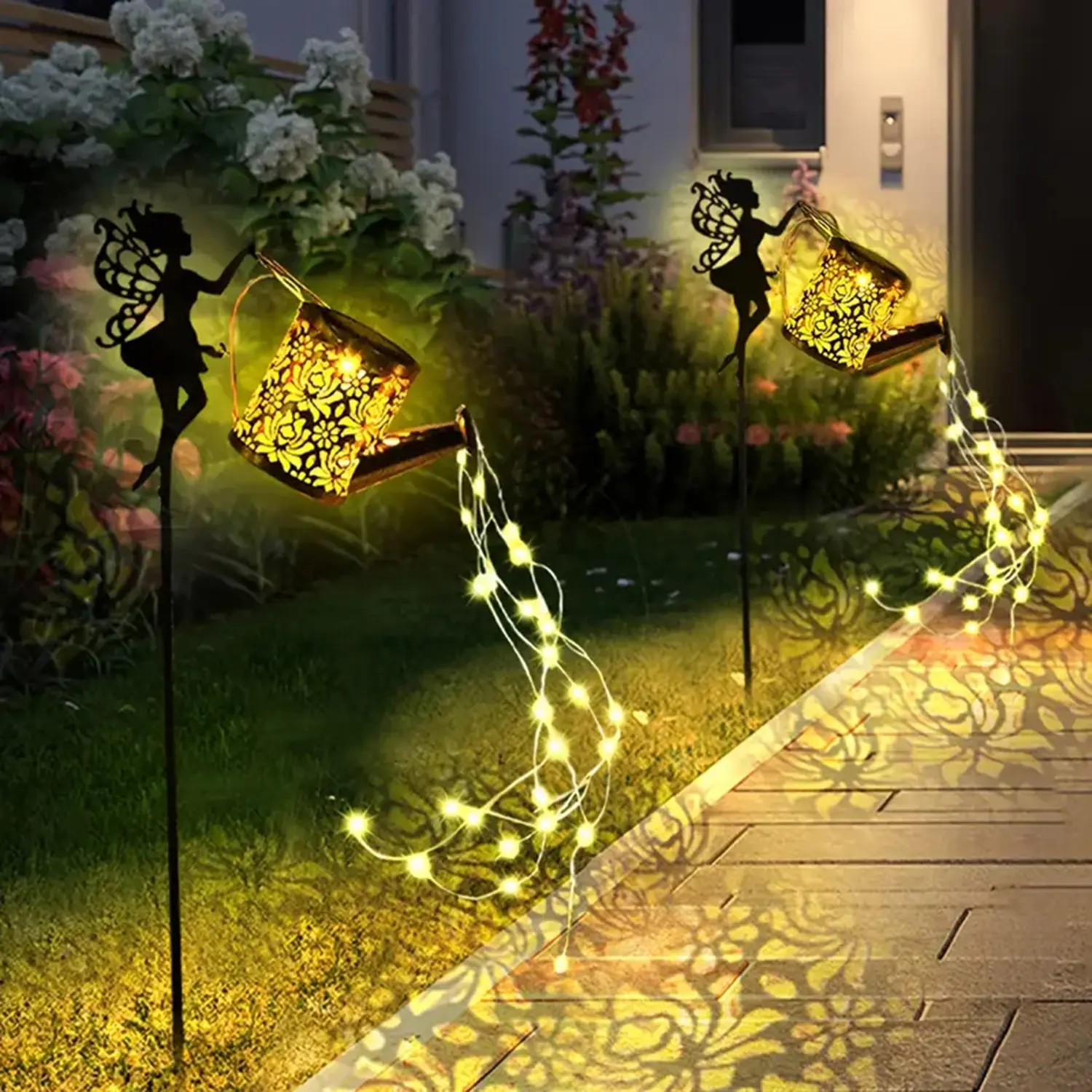 Solar-Powered Vintage Kettle Lantern, Solar Decorative Lamps with LED Waterfall, Floral Metal Design, Auto Light Sensor, 600mAh Rechargeable Battery - Outdoor Garden Patio Lights for Home Improvement Holiday Gift, Bulb Included, Solar Outdoor Lights, Batt