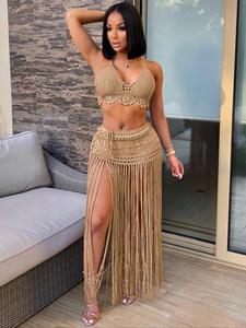 two-piece set women's halter neck crop top & fringe trim skirt, casual fashion cozy minimalist knitwear set for daily outdoor wear, ladies clothes for all seasons, suits, cute summer outfit
