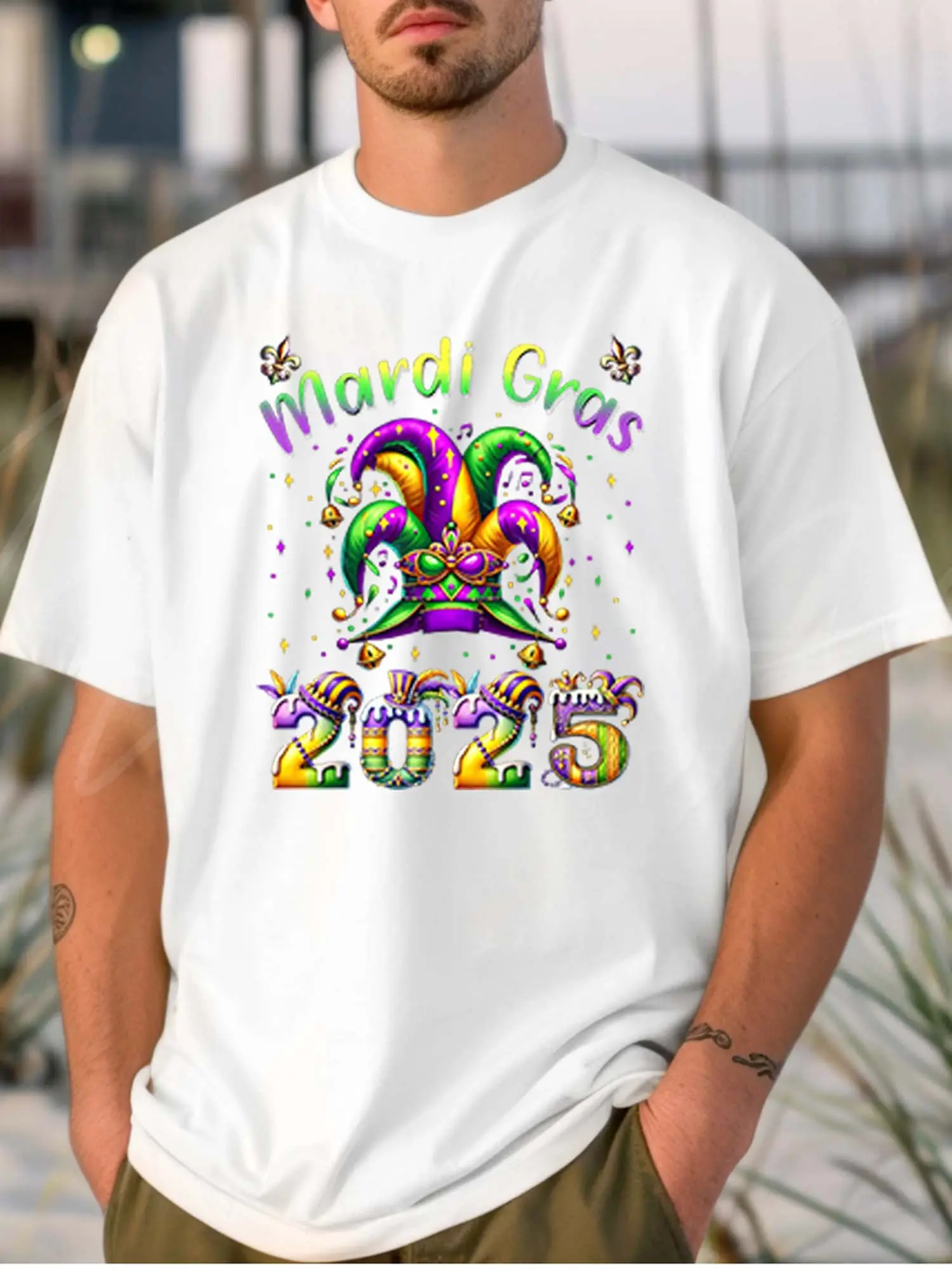 _Men's Cotton White T-shirt - Mardi Gras 2025_.png unisex soft cotton short sleeve t shirt, vintage graphic casual tee for men women teens, perfect birthday holiday gift for camping travel gym daily street  wear