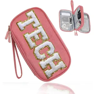 Cord Charger Organizer Travel Case Traveling Trip Gifts for Women TECH Bag Chenille Letter Pouch, Electronics Accessories Summer Camp College Dorm Essentials  Have for Teen Girls Pink