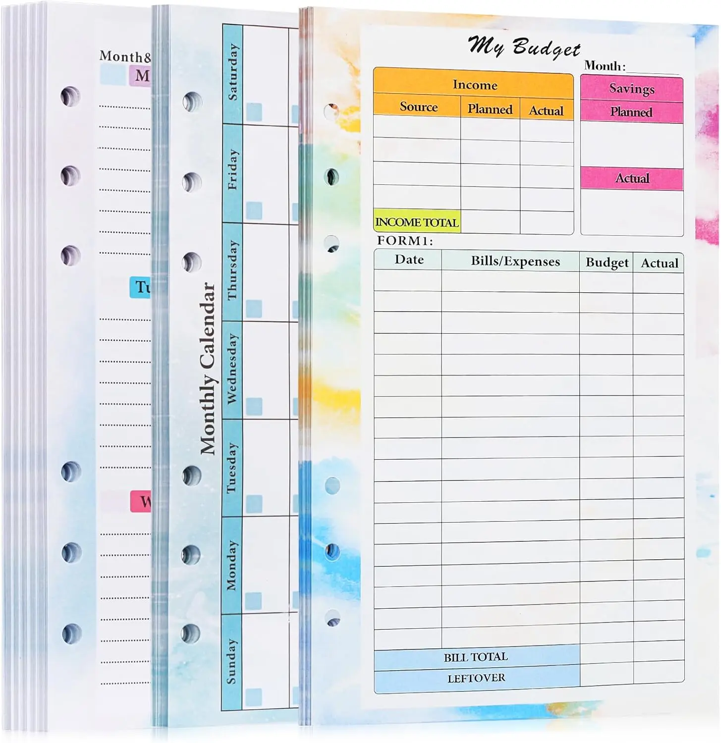 3 Pack A5 Planner Refill 82 Sheet Colored Monthly Weekly Planner Refill Paper 6 Hole Budget Sheets Expense Tracker Inserts for A5 Binder Cover Bill Saving Organizer