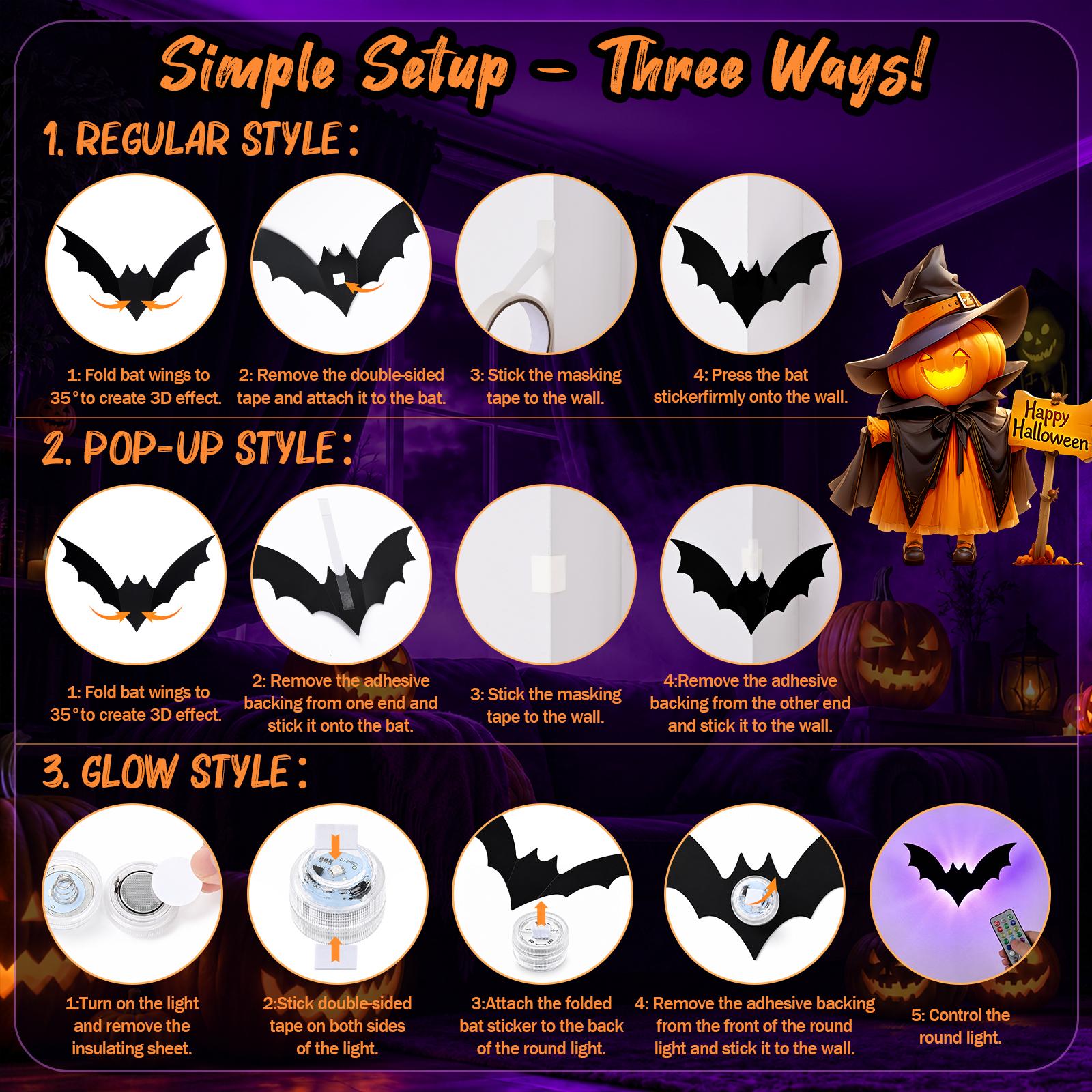 24 PCS Halloween 3D Bat Wall Decoration with 12 LED Lights, Remote Control, 13 Colors, 6H Timer, Thick PET Stickers (10 Sizes) & Painter's Tape - Halloween Decor for Walls, Windows, Creepy Vibe Parties, Led Lighting 24 PCS Halloween 3D Bat Wall Decoration with 12 LED Lights, Remote Control, 13 Colors, 6H Timer, Thick PET Stickers (10 Sizes) & Painter's Tape - Halloween Decor for Walls, Windows, Creepy Vibe Parties, Led Lighting