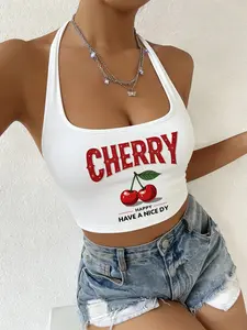 American Vintage Cherry Print Halter Top, Sexy Short Crop Tight Fit, Y2K Sweet Cool Style, High Waist Streetwear, Summer Layering Essential