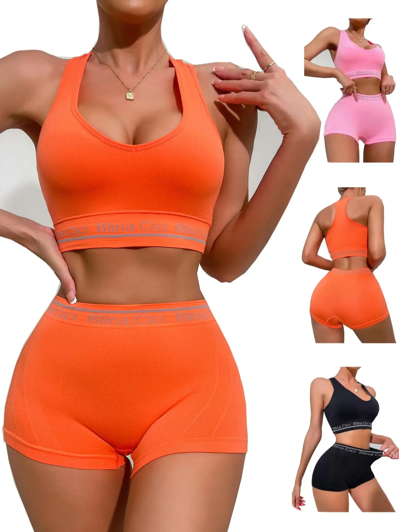 Women's Letter Print Crop Sports Push Up Bra & High Waist Shorts, Lady Comfort 3 Sets Sporty Workout Gym Exercise Clothing Set, Ladies Sportswear & Un