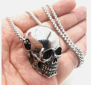 MENDEL Gothic Mens Biker Skull Pendant Necklace Men Stainless Steel Chain Silver