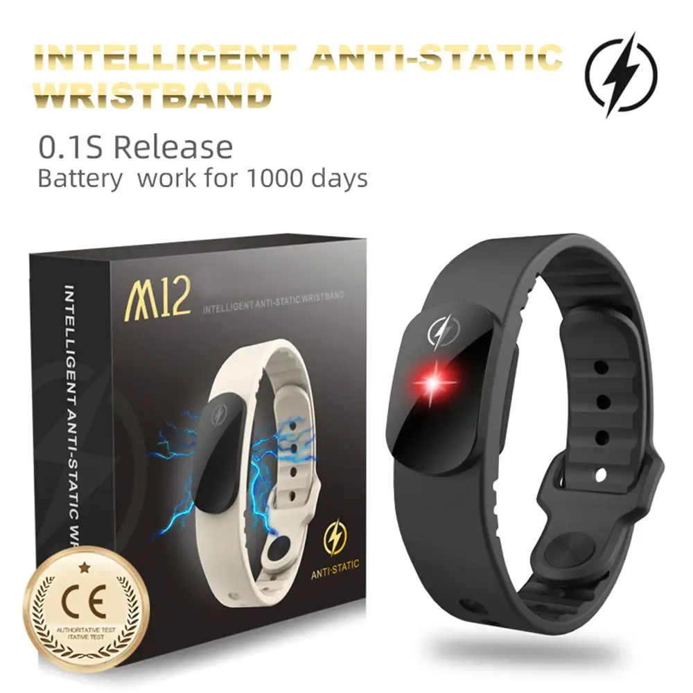 M12-SE Black Anti-static Silicone Bracelet - Waterproof, Adjustable Winter Human Body Static Eliminator, Fashion Accessory Compatible with Smartwatches for Men