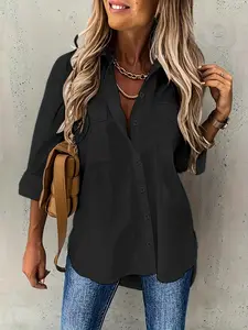 Women's Plain Pocket Button Shirt Blouse, Casual Long Sleeve Collared Top for Daily Wear, Ladies Clothes for All Seasons