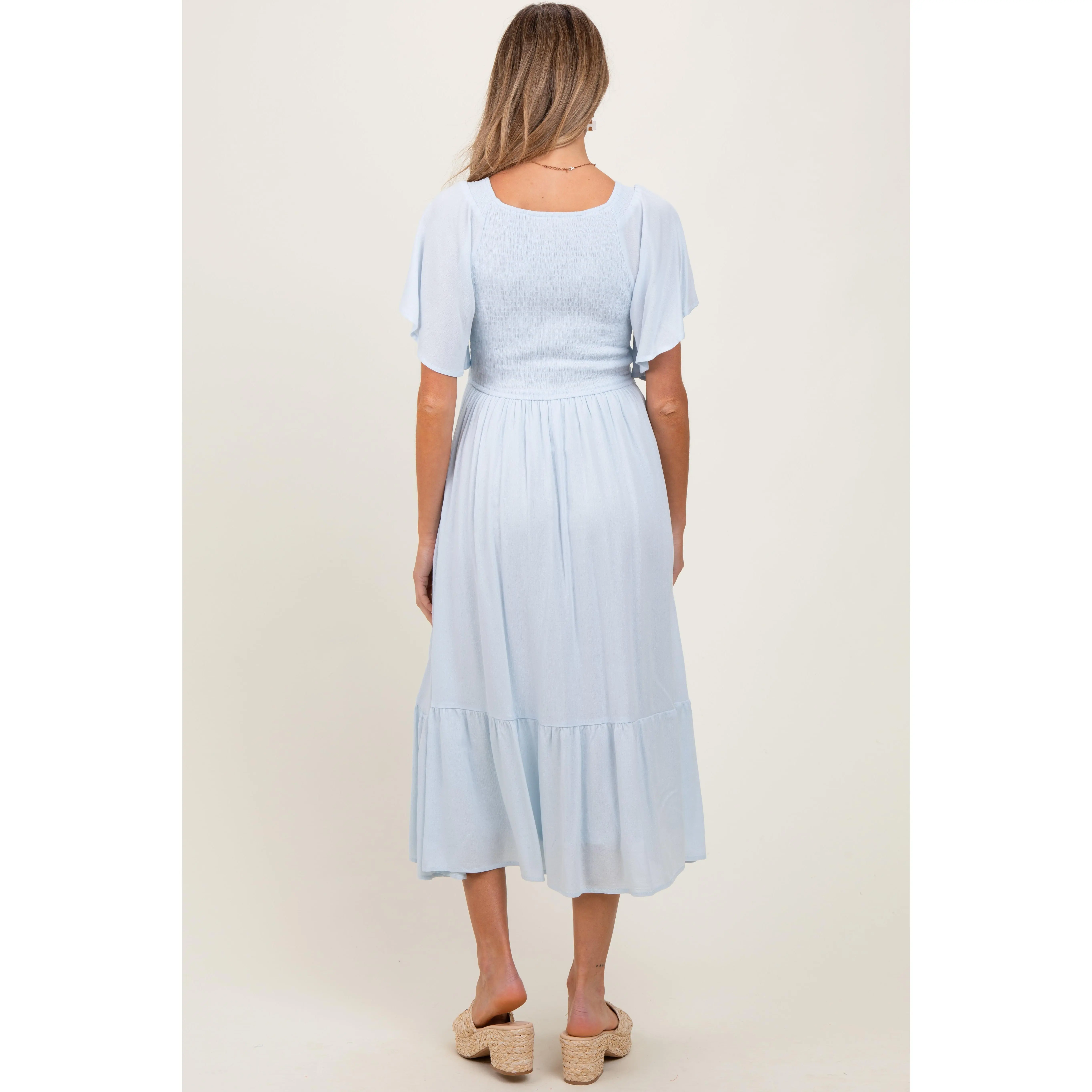 Light Blue Smocked Ruffle Maternity Dress - TikTok Shop