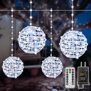 Christmas Lights Outdoor 4Pack 7.87inch, Cool White 200 LED Ball Light with Plug in Remote, 8 Modes IP67  Connectable Sphere Tree Lights for Indoor House Yard Garage Decorations