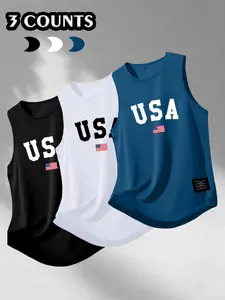 Men's Summer Casual Graphic Print Sleeveless Vest Tank Top, Fitted Knit Fabric, Moderate Thickness, Age 13-17, China Origin, Non-Sensitive Goods, Style: Casual