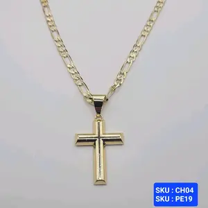 Cross pendant with Chain Figaro style diamond cut 24 Inches 5 Millimeters Laminated Gold Jewelry for Men and Women