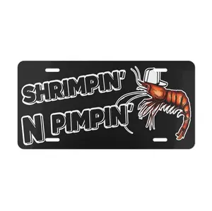 Shrimpin' N Pimpin' License Plate, Funny Shrimp Graphic Car Decor, Unique Black Metal License Plate, Seafood Lovers