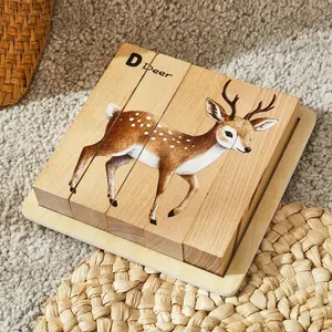 Children's Wooden Four-Sided Three-Dimensional Animal Puzzle, Owl, Fox, Rabbit Pattern Baby Cognitive Toy, Children's English Word Recognition and Animal Recognition Interlocking Blocks, Grasping Board, Christmas Halloween Birthday Gift