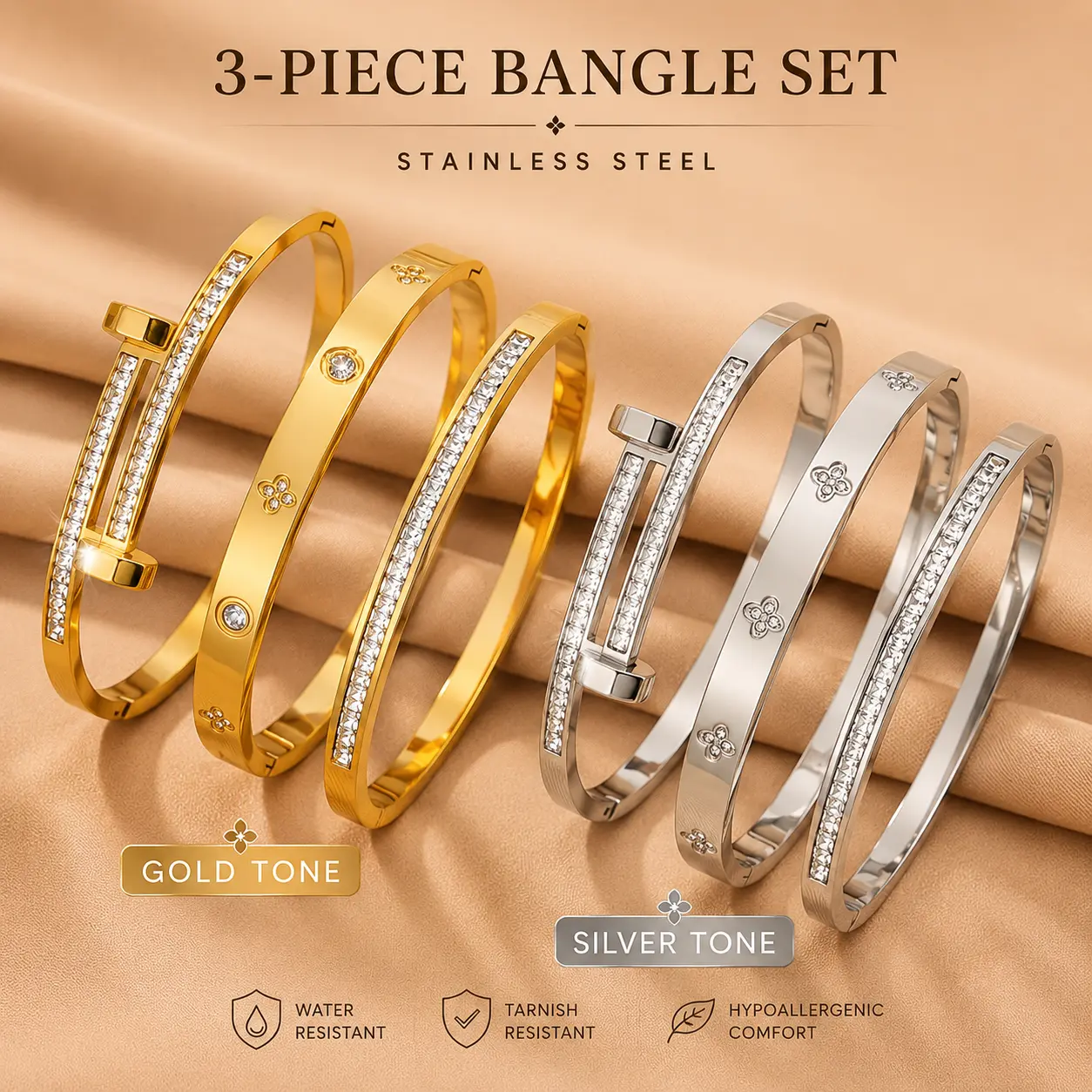 Female 3-Piece Gold & Silver Tone Stainless Steel Bracelets Set - Hypoallergenic, Comfortable, Water Resistant, Non Tarnish Jewelry, Tarnish Proof Jewelry for Everyday Wear, Classic, Three Pieces