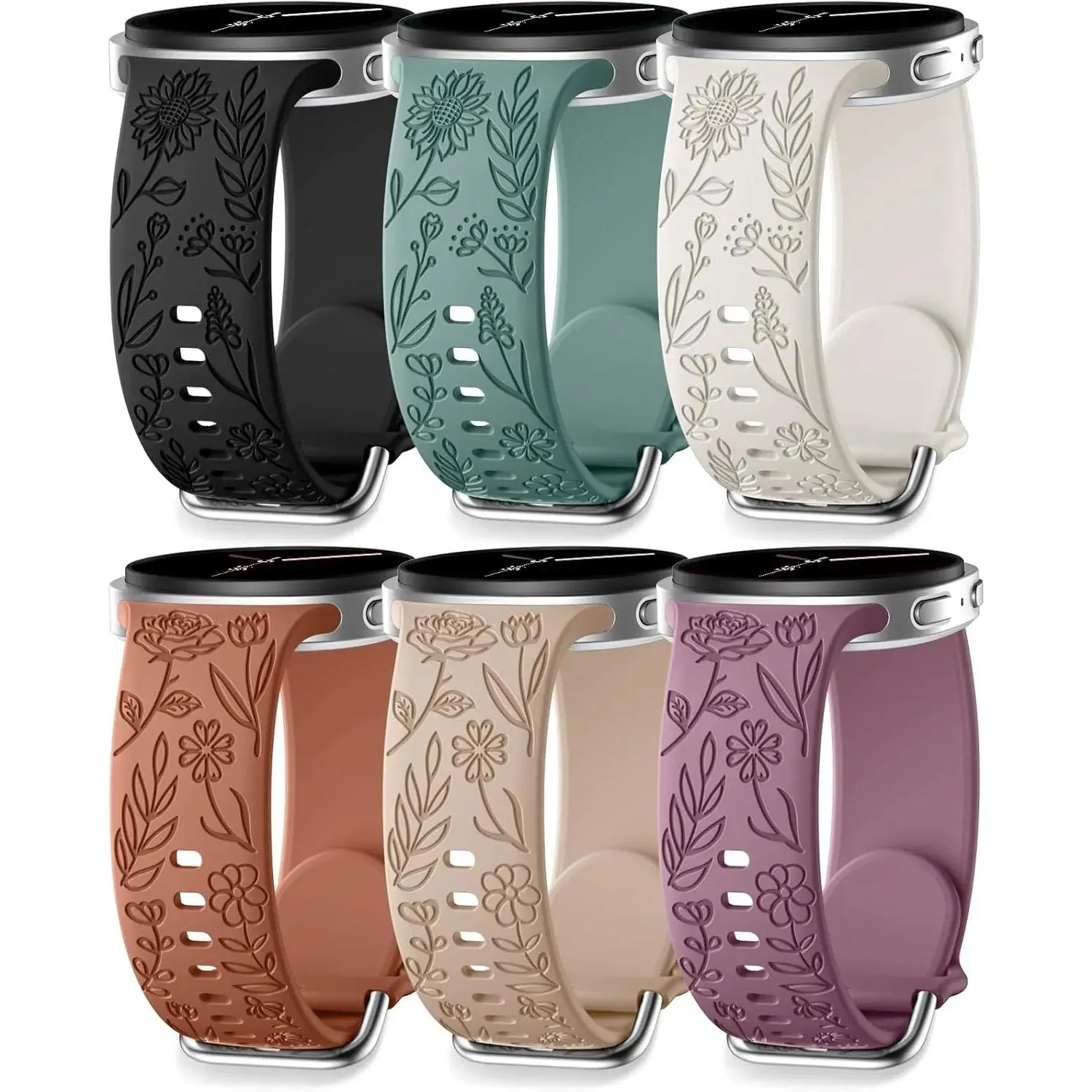 Floral Engraved Bands Compatible with Samsung Galaxy Watch 8 Band 40mm 44mm/Galaxy Watch 8 Classic Band 46mm, 6Pack Flower Soft Silicone Sport Replacement Strap for Samsung Watch Bands Women Men