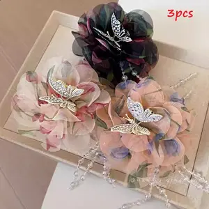 3-Piece Elegant Butterfly Tassel Hair Clip Set | Fairytale Theme Multi-Layer Floral Design, Mixed-Color Polyester Material, Suitable for Various Hairstyles and Updos