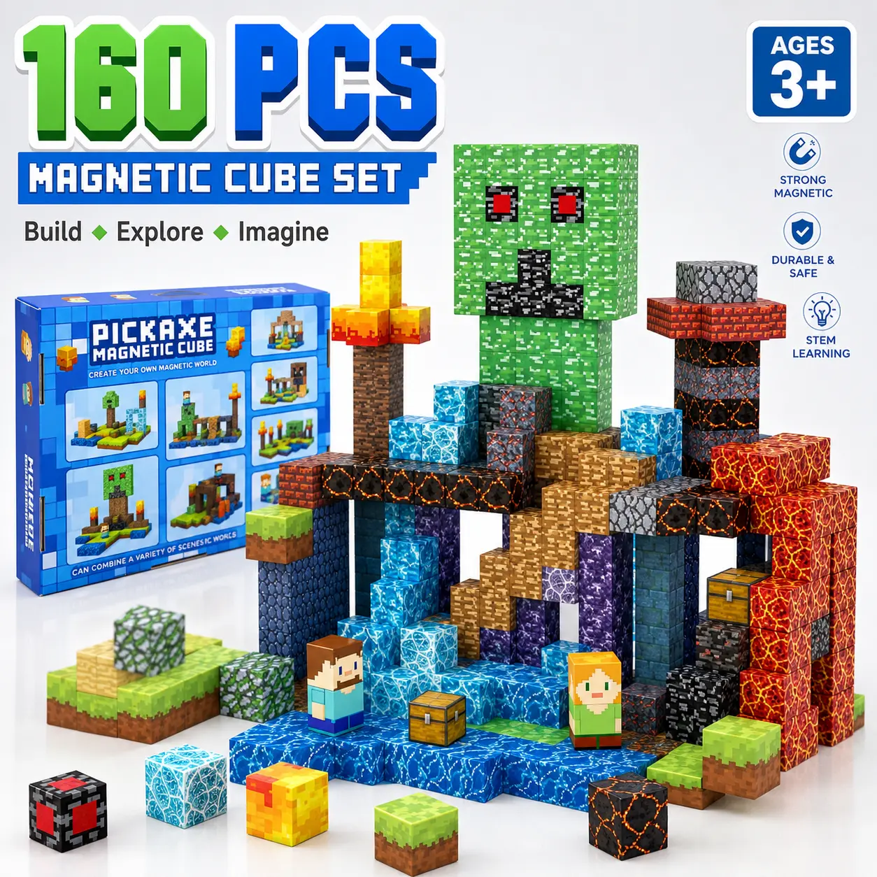 AIDYVOI 160PCS Magnetic Blocks for Kids 3+, 1 Inch 3D Magnetic Building Blocks, STEM Building Toy Gift for Boys Girls