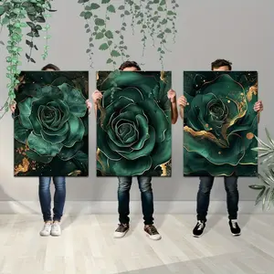 Framed Wrapped Canvas - 3 Pieces Emerald Green and Golden Rose Wall Art Print Poster - Ready to Hang - For Living Room, Bedroom Decor - Perfect Gift for Art Lovers Decoration Ornaments