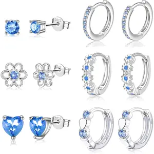 6 Pairs Huggie Hoop Earrings 925 Sterling Silver Stud Sets Cute Heart Hoops Tiny Cubic Zirconia Flower Stud Small Hypoallergenic Cartilage Sleeper Earrings