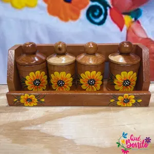 Four Wood Container with Lid Includes Wood Holder