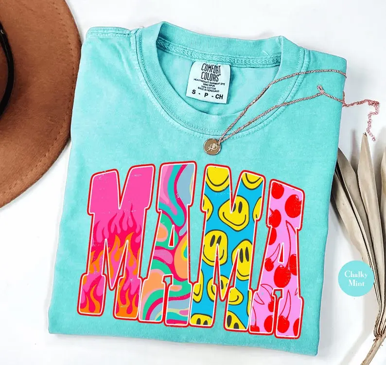 Comfort Colors 90's Mama Summer Shirt | Preppy Coquette Mama Neon Smile Face Wavy Beach Vacation Tshirt Tee Shirt | Bright Summer Shirt