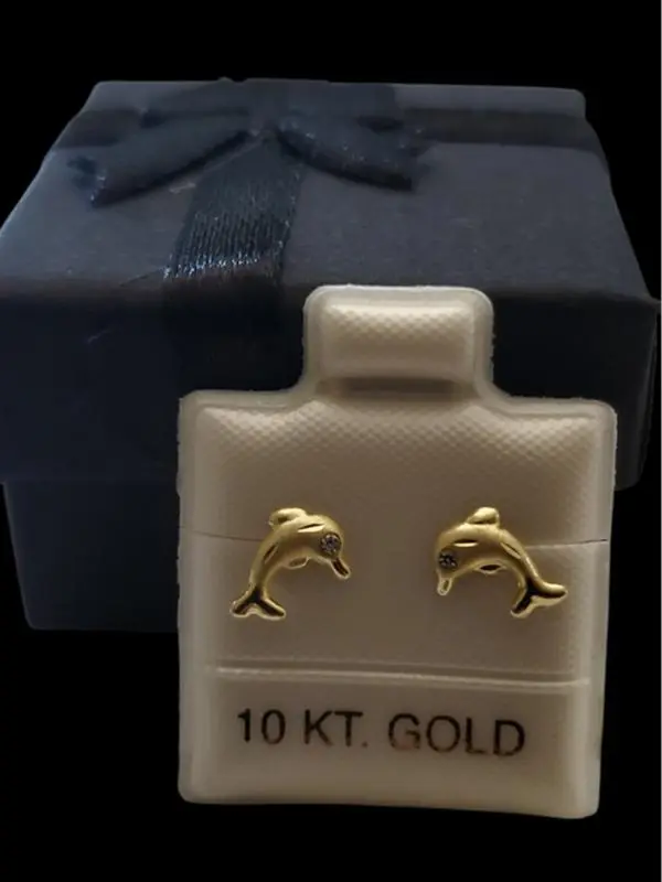 10k real Gold Dolphin Stud Earrings Small Accents Ocean Jewelry