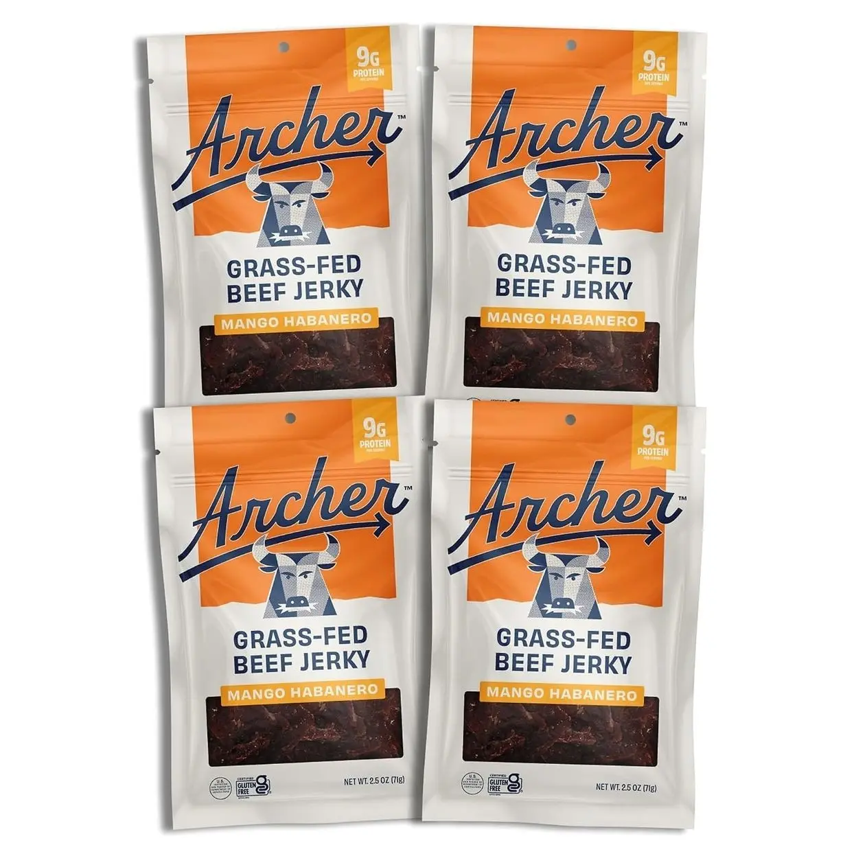 Country Archer Grass-Fed Beef Jerky - Beef Snack Pack Bulk, Individual Bags, Protein Snack, Gluten Free, Paleo - Mango Habanero, 2.5 Oz (4 Pack)
