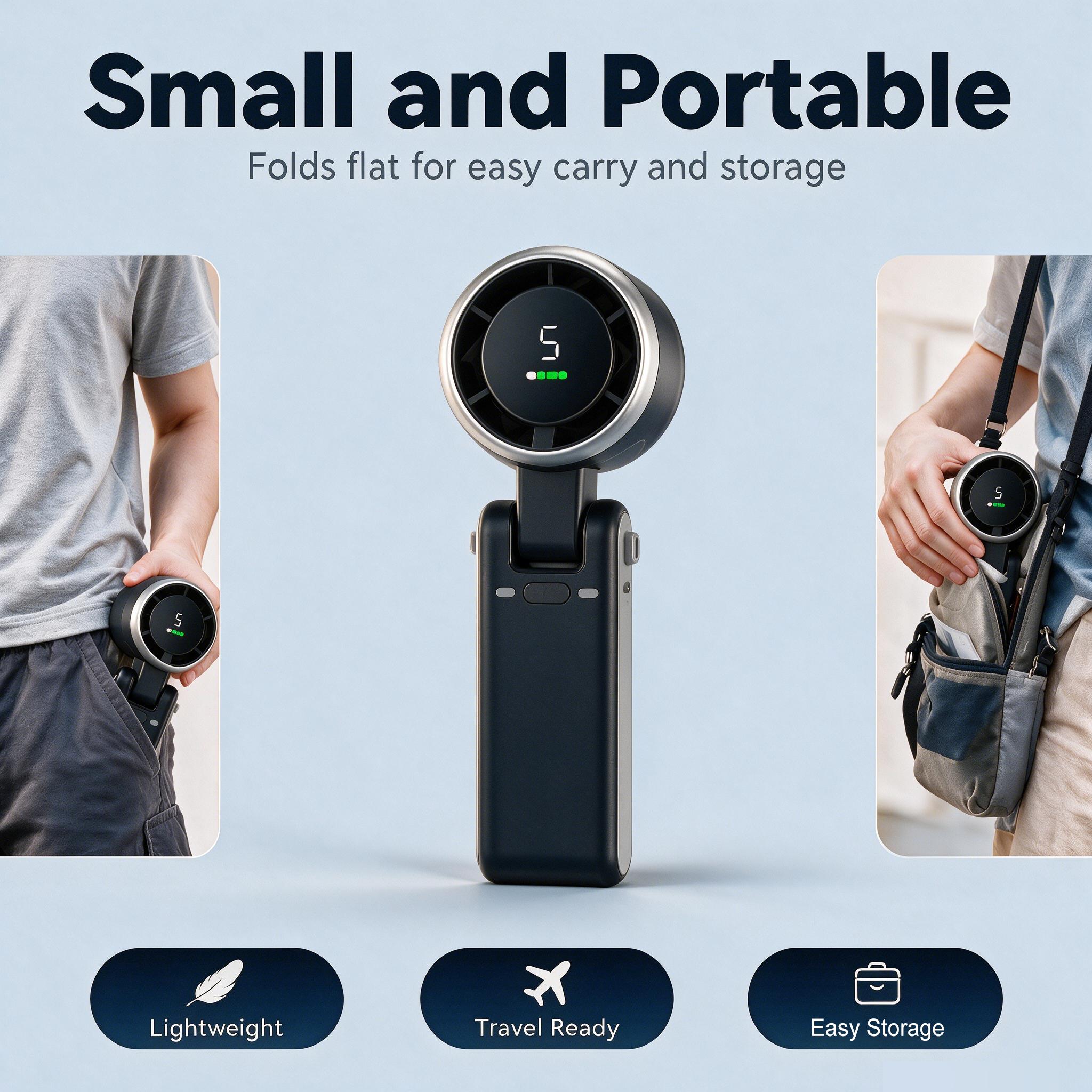 Ultra Cool Turbo Portable Handheld Fan, 3 IN 1 Light Small Personal Fan for Hand Neck Desk, 5 Adjustable Wind Speeds, 5000mAh Rechargeable Battery Support 12 Hours Use, Holiday Travel Essential Cooling Gift