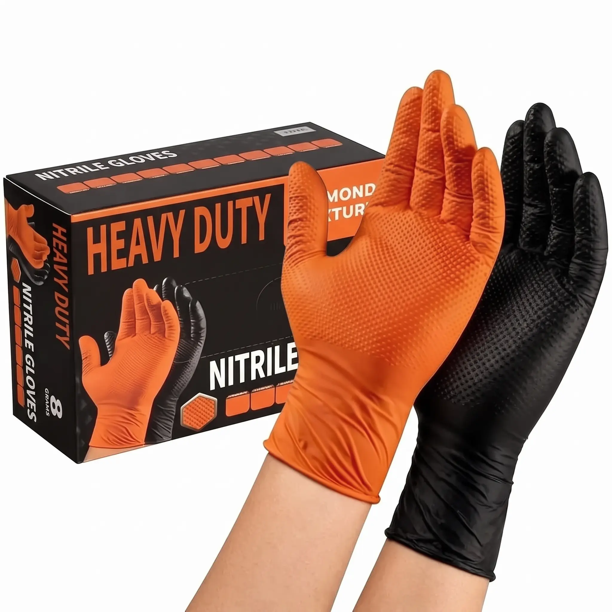 Heavy-Duty 8 Mil Black Nitrile Disposable Cleaning Gloves - Diamond-Textured Grip, Latex-Free, Powder-Free, 50-Count Box for Industrial, Food Use