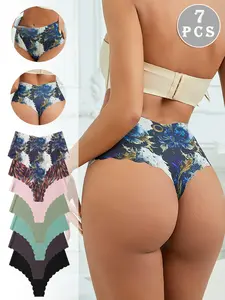 Women's High-Waisted Scallop Design Underwear Set, Fitted Plain Pattern All-Season Comfortable Briefs, 7-Pack Seamless Ice Silk Wave Edge