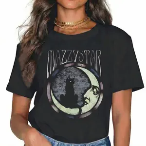 Celestial Moon Black Cat Unisex Graphic Tee 90s Alt Rock Music Style Short Sleeve T-Shirt Retro Grunge Gothic Aesthetic Night Sky Apparel Regular Fit Casual Top
