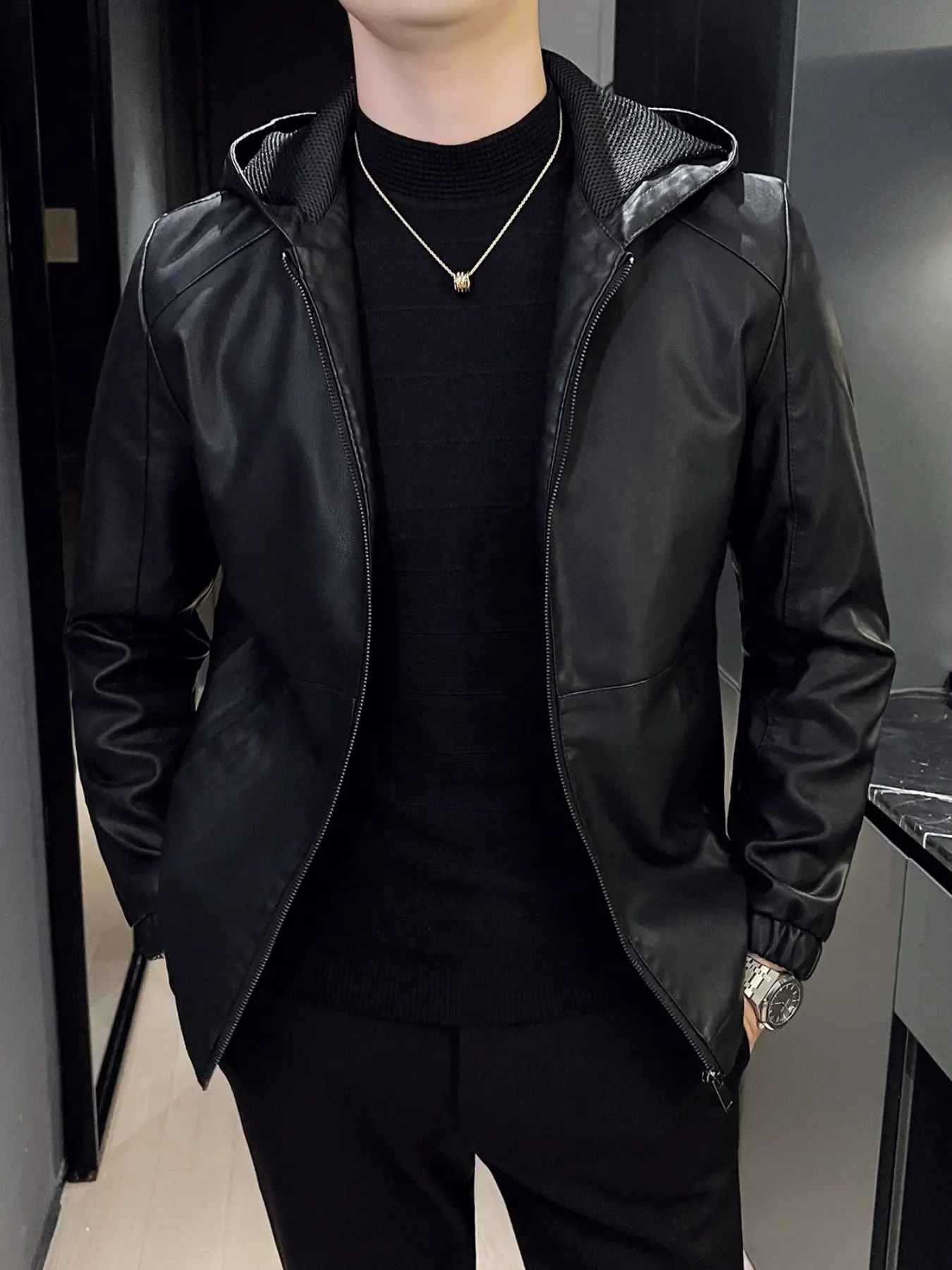 Men's Solid Color Hooded PU Leather Jacket, Zipper Front Long Sleeve Coat, Casual Fashion Outerwear for Fall & Winter