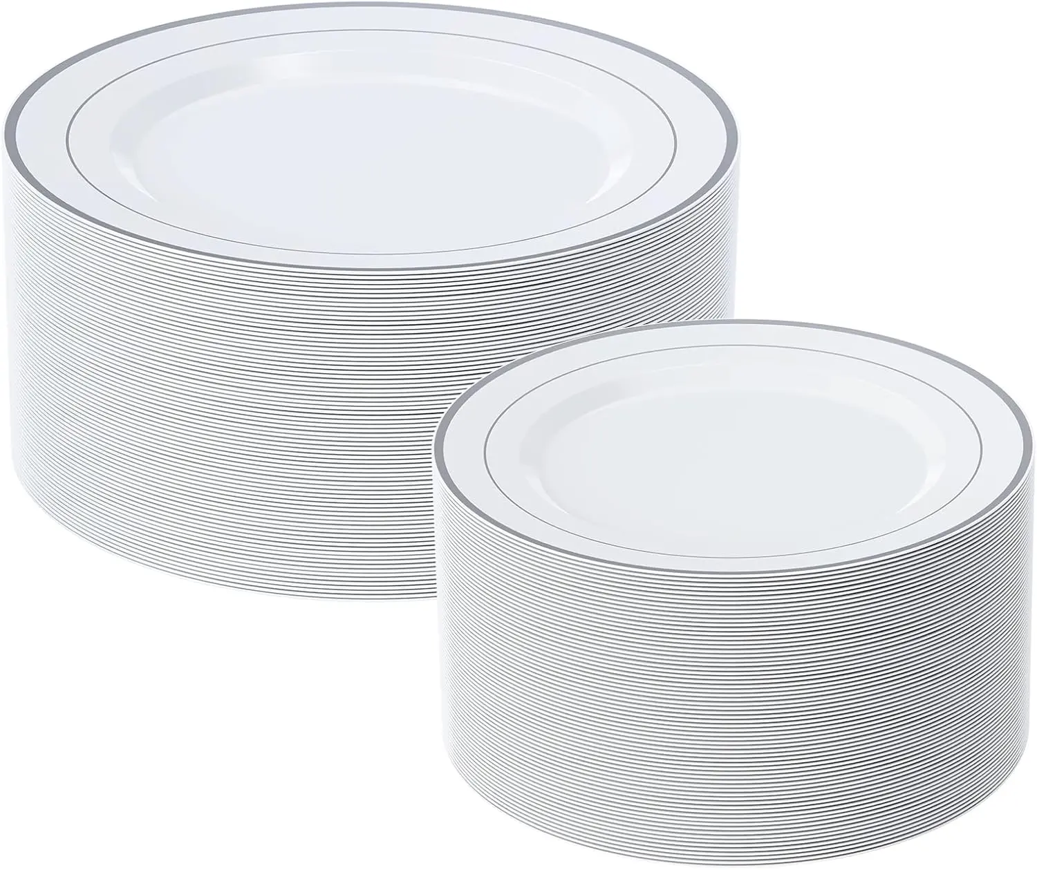 Silver Plastic Plates Set of 60, Disposable Plates with Silver Rim 30 Dinner Plates 10" and 30 Salad Dessert Appetizer Plate 7", Elegant Fancy Heavy Duty Wedding Party Plates